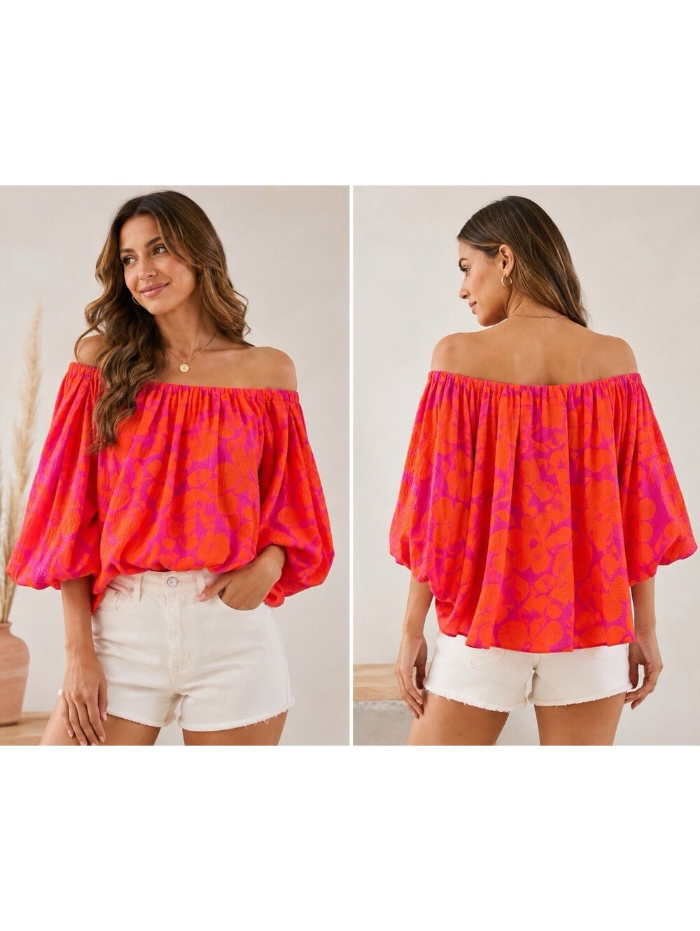 THML Floral Off Shoulder Blouse Women’s M Pink Orange NWT Boho Balloon Sleeve